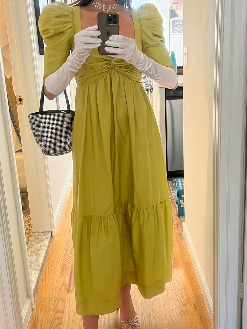 cinq a sept Chartreuse Puff-Sleeve Midi Dress with Knot Front